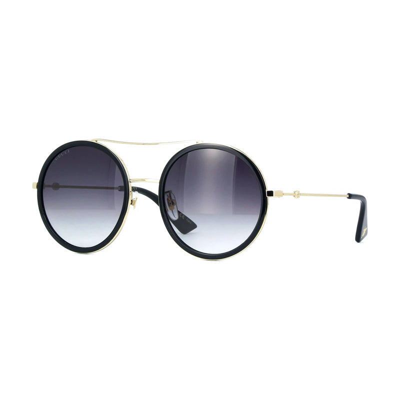 Gucci Sunglasses Round Full Rim, Black/Gold Frame and Grey Gradient Lens GG0061S001