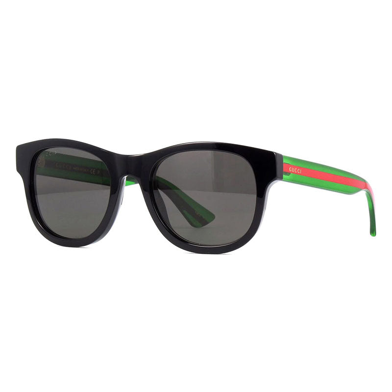 Gucci Sunglasses Square Full Rim, Black with Green Crystal and Red Stripe Frame and Grey Polarized Lens GG0003SN006
