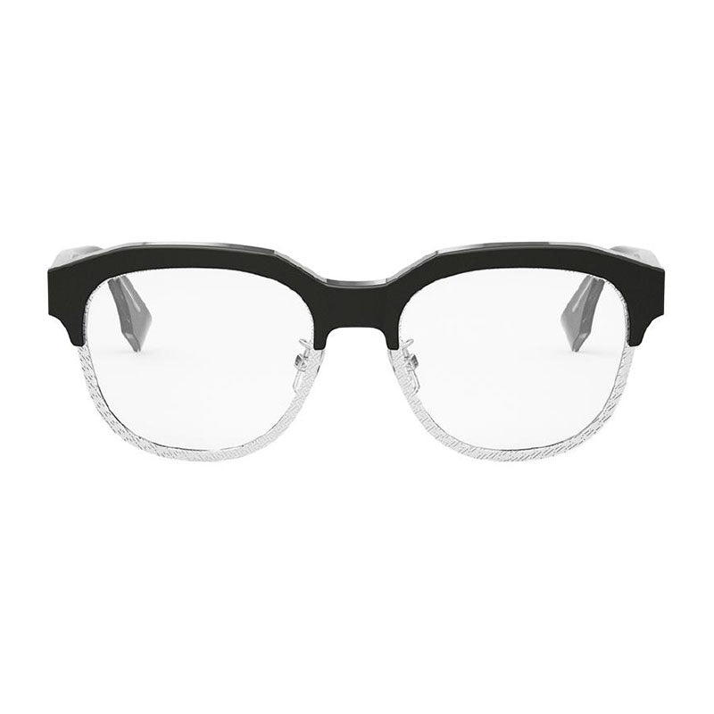 Fendi Eyeglasses Browline Full Rim, Black/Shiny Silver Frame and Clear Demo Lenses Lens FE50068U020