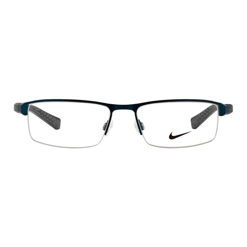 Nike Eyeglasses Rectangle Semi Rim, Satin Blue-Midnight Navy Frame and Clear Demo Lenses Lens NIKE8097400