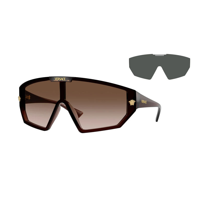 Versace Sunglasses Shield Full Rim, Transparent Brown Frame and Brown Gradient with Grey Clip-On Lens VE4461533213