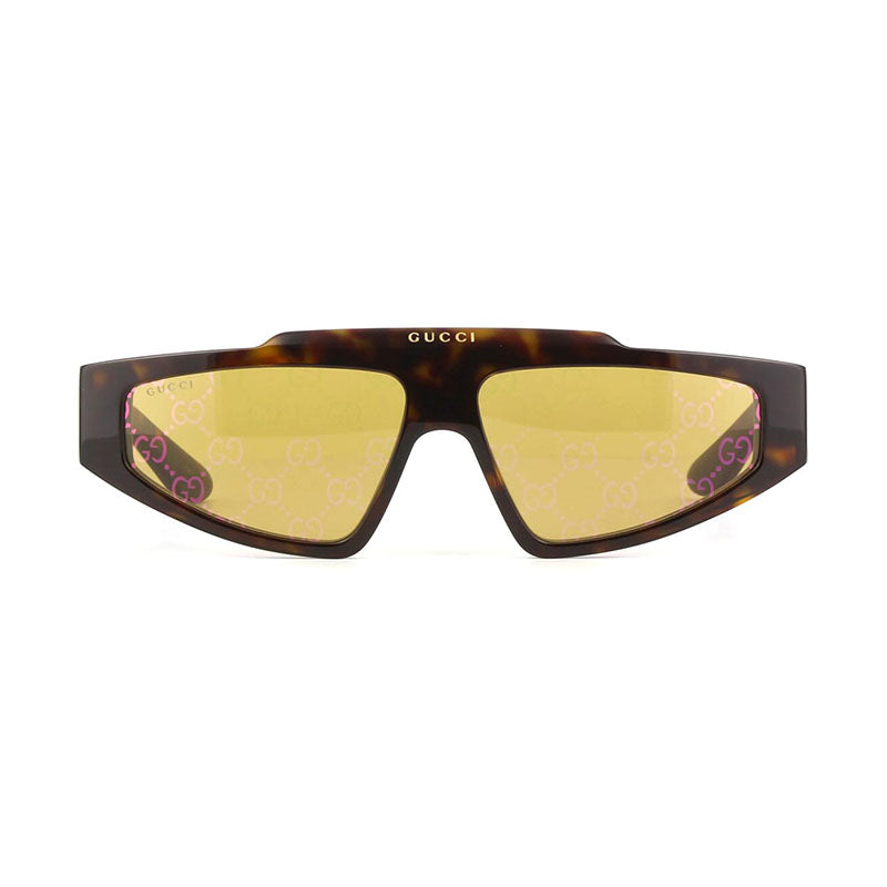 Gucci Sunglasses Cat Eye Full Rim, Dark Havana Frame and Yellow with GG Pattern Mirror Lens GG1591S002