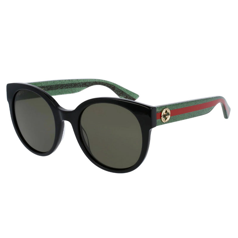 Gucci Sunglasses Round Full Rim, Black With Green And Red Frame and Green Lens GG0035SN002