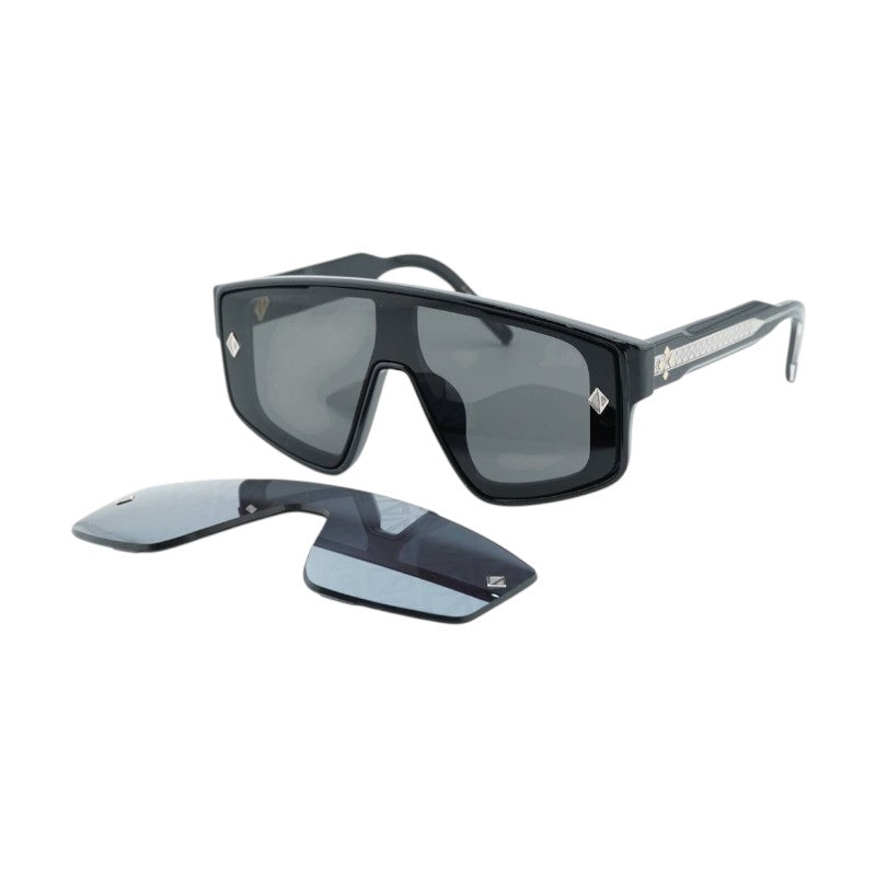 Dior Sunglasses Shield Full Rim, Shiny Black Frame and Grey and Silver Mirrored with CD Diamond Motif Magnetic Interchangeable Lenses Lens CDDIAMONDM1U10A0
