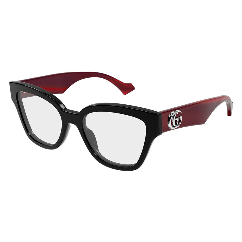 Gucci Eyeglasses Cat Eye Full Rim, Shiny Solid Black/Red Frame and Clear Demo Lens Lens GG1424O013