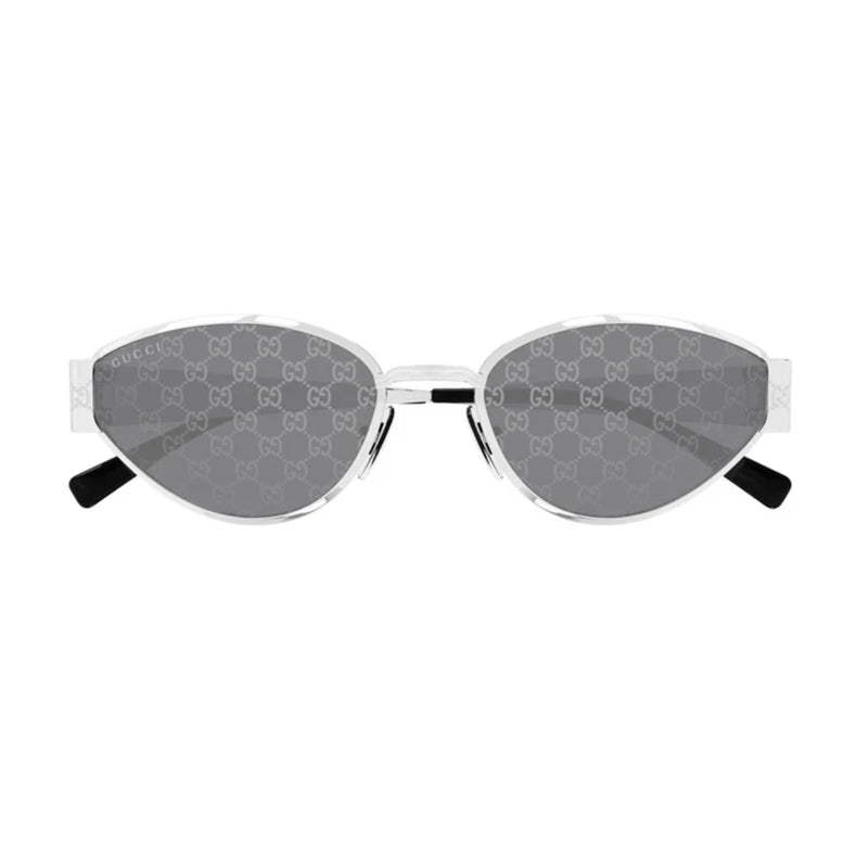 Gucci Sunglasses Oval Full Rim, Silver Frame and Grey with GG Pattern Silver Mirror Lens GG1853S002