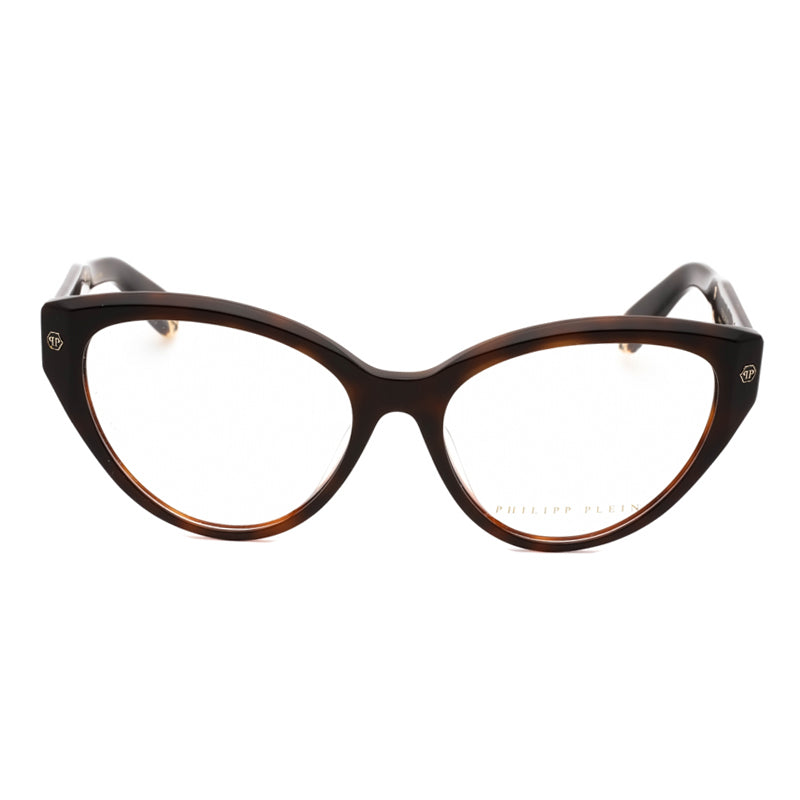 Philipp Plein Eyeglasses Cat Eye Full Rim, Shiny Dark Havana Frame and Clear Demo Lenses Lens VPP052M0752
