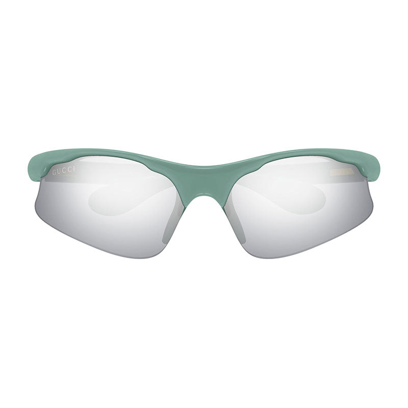 Gucci Sunglasses Geometric Semi Rim, Shiny Mineral Green Frame and Solid Smoke with Silver Mirror Lens GG1774S005