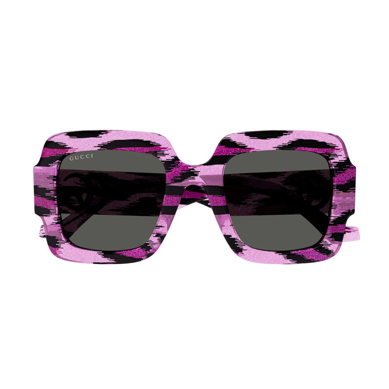 Gucci Sunglasses Square Full Rim, Glitter Fuchsia With Black Striped Frame and Grey Lens GG1547S003