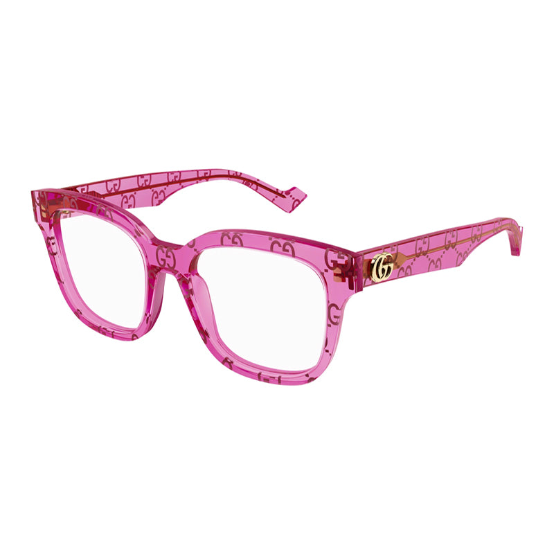 Gucci Eyeglasses Square Full Rim, Shiny Pink with GG Pattern Frame and Clear Demo Lenses Lens GG0958O011