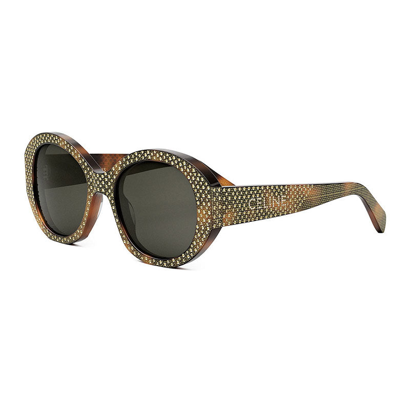 Celine Sunglasses Round Full Rim, Shiny Havana with Gold Studs Embellishment Frame and Smoke Lens CL4240IS53A