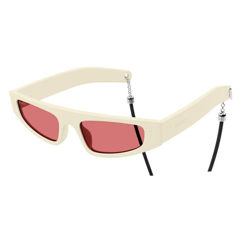 Gucci Sunglasses Cat Eye Full Rim, Ivory With Black Cord Frame and Red Lens GG1634S007