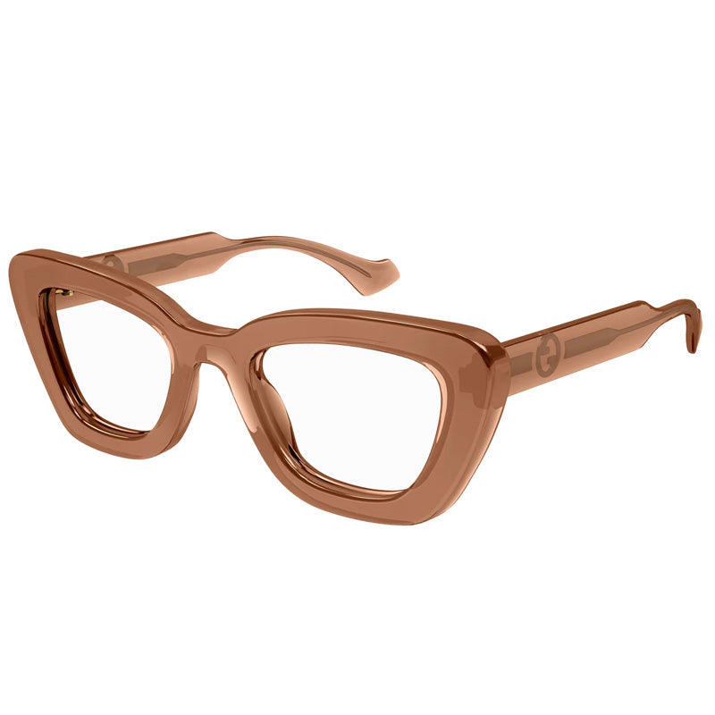 Gucci Eyeglasses Cat Eye Full Rim, Transparent Amber Brown Frame and Clear Demo Lenses Lens GG1555O004