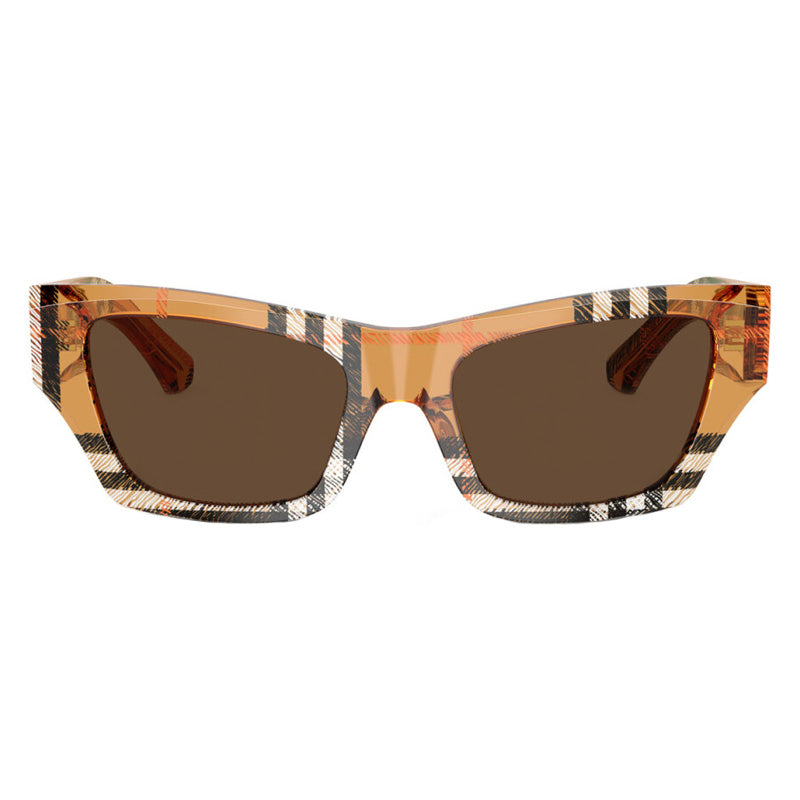Burberry Sunglasses Cat Eye Full Rim, Check Sand Frame and Dark Brown Lens BE4441U414673