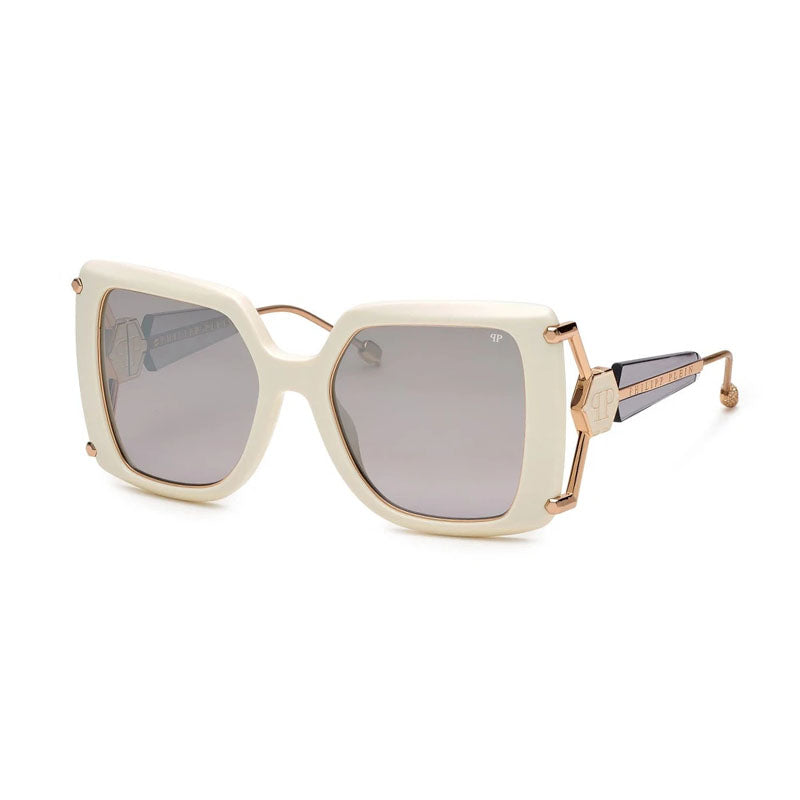 Philipp Plein Sunglasses Square Full Rim, Ivory/Gold Frame and Grey Silver Mirror Lens SPP121S3GFX