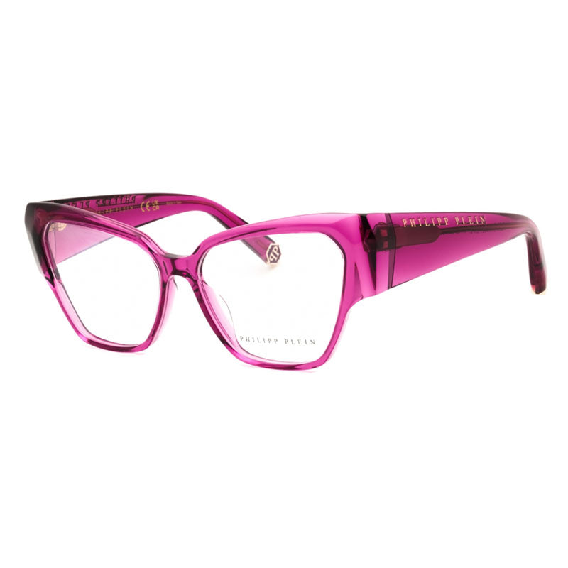 Philipp Plein Eyeglasses Cat Eye Full Rim, Shiny Transparent Cyclamen Frame and Clear Demo Lenses Lens VPP10001F5