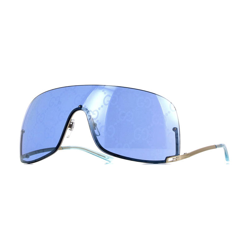Gucci Sunglasses Shield Semi Rim, Silver Frame and Blue Mirror with Silver GG Pattern Lens GG1560S003