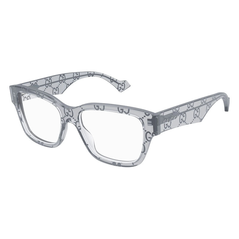 Gucci Eyeglasses Square Full Rim, Transparent Dark Green with GG Pattern Frame and Clear Demo Lens Lens GG1428O011