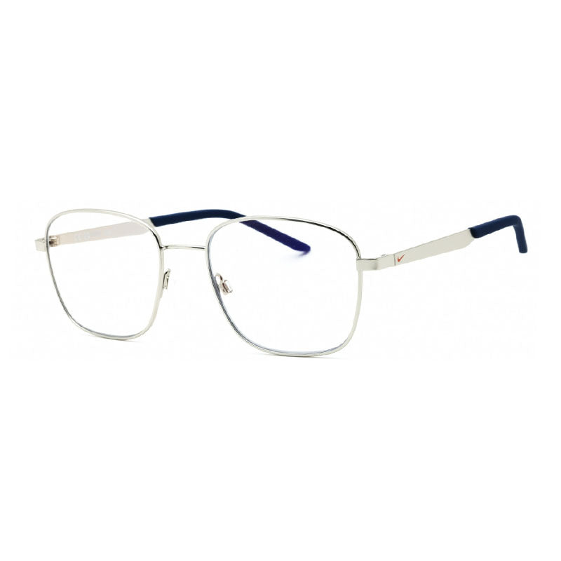 Nike Eyeglasses Square Full Rim, Satin Silver Frame and Clear Blue Light Block Lens TRAVELERFLOWBLIB3677X031