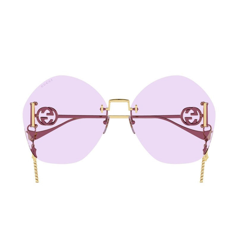 Gucci Sunglasses Geometric Rimless, Gold With Detachable Gold Chain Frame and Violet Lens GG1203S001