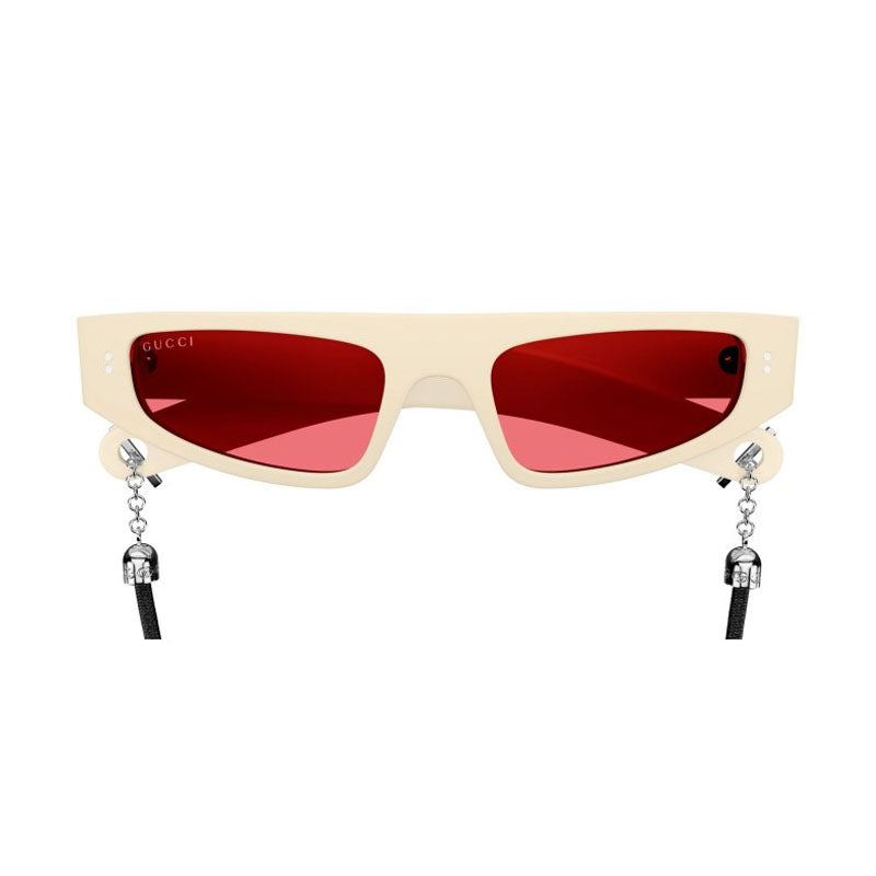 Gucci Sunglasses Cat Eye Full Rim, Ivory With Black Cord Frame and Red Lens GG1634S007
