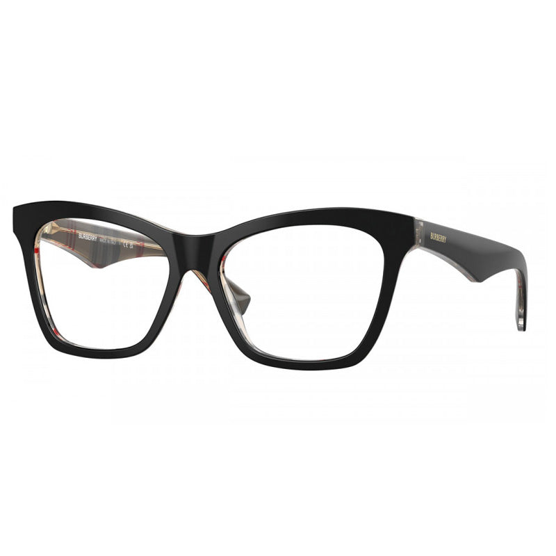Burberry Eyeglasses Cat Eye Full Rim, Top Black on Vintage Check Frame and Clear Demo Lenses Lens BE24164121