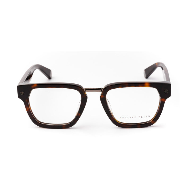 Philipp Plein Eyeglasses Rectangle Full Rim, Shiny Dark Havana Frame and Clear Demo Lenses Lens VPP055W0722