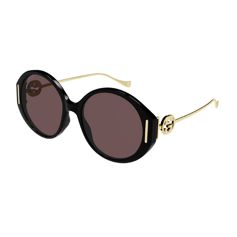 Gucci Sunglasses Round Full Rim, Black/Gold Frame and Brown Lens GG1202S001
