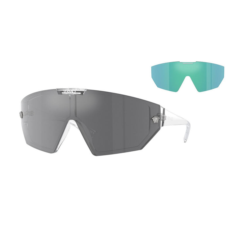 Versace Sunglasses Shield Full Rim, Crystal Frame and Grey Mirror Black/Mirror Blue Violet Lens VE4461148/6V
