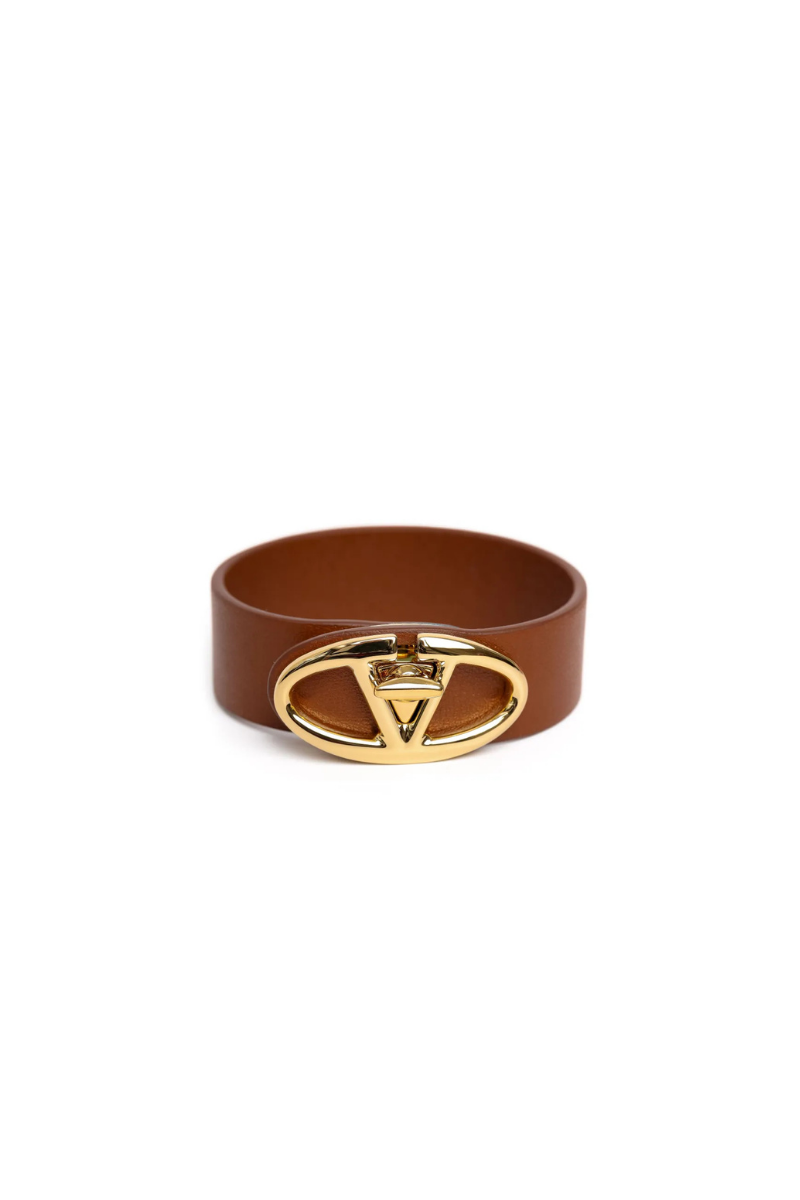 Valentino Garavani The Bold Edition Vlogo Leather  Bracelet In Tobacco