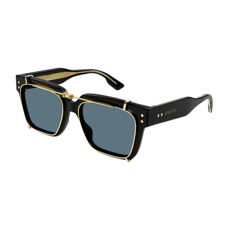 Gucci Sunglasses Square Full Rim, Shiny Black Frame and Gold Rimmed Folding Clip-on/Light Blue Lens GG1084S005
