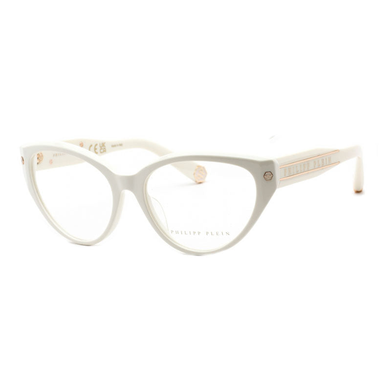 Philipp Plein Eyeglasses Cat Eye Full Rim, Shiny Cream Frame and Clear Demo Lenses Lens VPP052M03GF