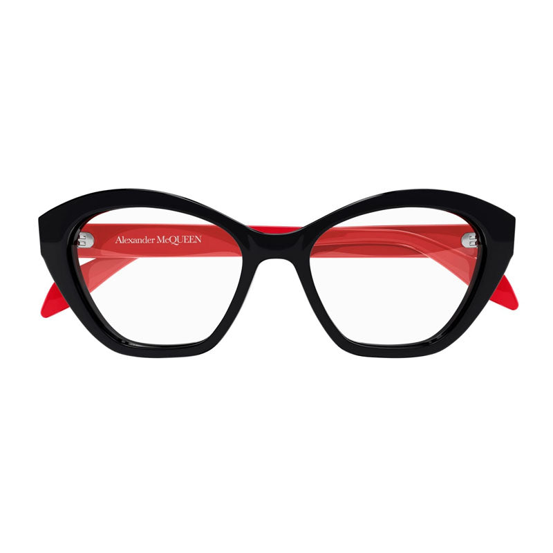 Alexander McQueen Eyeglasses Cat Eye Full Rim, Shiny Black/Red Frame and Clear Demo Lens Lens AM0360O003