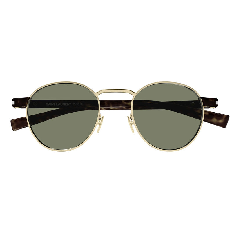 Saint Laurent Sunglasses Round Full Rim, Gold and Havana Frame and Green Lens SL707002