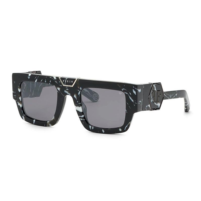 Philipp Plein Sunglasses Square Full Rim, Marbled Black Frame and Grey Lens SPP092MZ21G