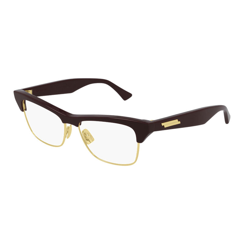 Bottega Veneta Eyeglasses Square Full Rim, Burgundy/Gold Frame and Clear Demo Lens Lens BV1100O003