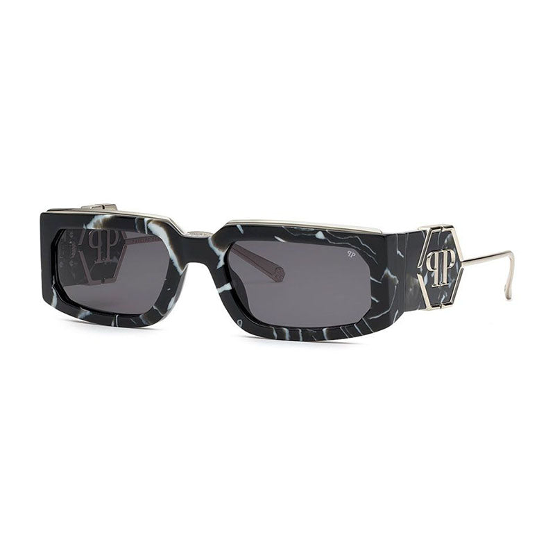 Philipp Plein Sunglasses Rectangle Full Rim, Shiny Black Marble/Silver Frame and Smoke Lens SPP119M0Z21