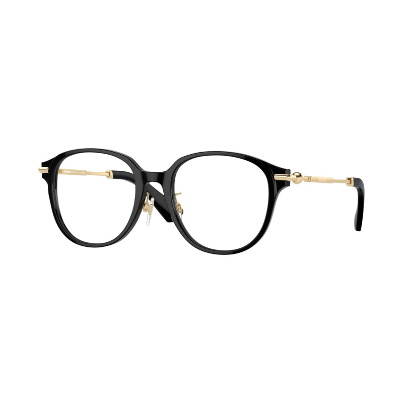 Burberry Eyeglasses Round Full Rim, Black/Gold Frame and Clear Demo Lenses Lens BE2412D3001