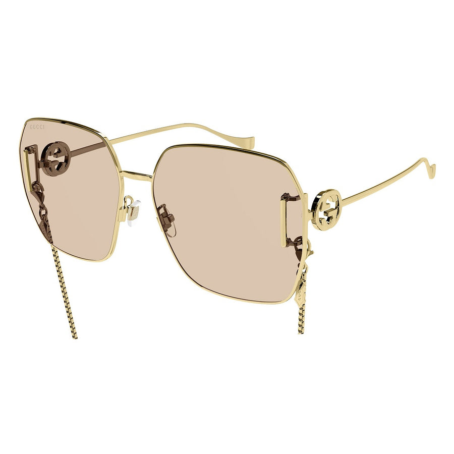 Gucci Sunglasses Geometric Full Rim, Gold with Gold Chain Frame and Light Brown Lens GG1207SA001