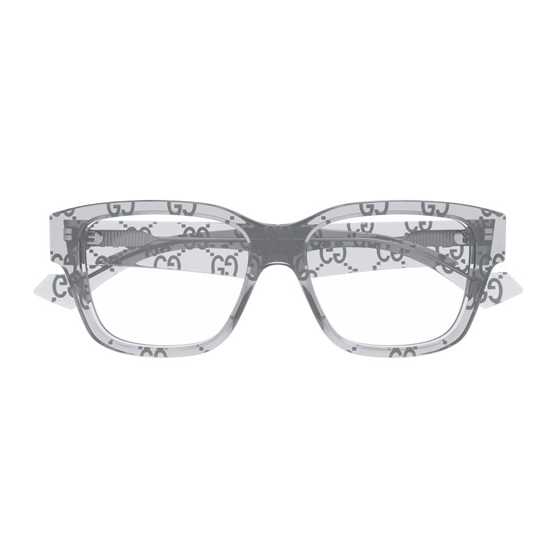 Gucci Eyeglasses Square Full Rim, Transparent Dark Green with GG Pattern Frame and Clear Demo Lens Lens GG1428O011