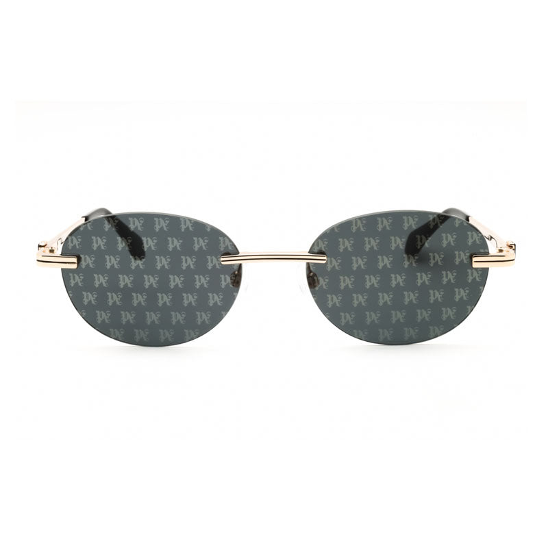 Palm Angels Sunglasses Oval Rimless, Gold Frame and Dark Grey with Monogram Pattern Lens PERI10HCRYSTAL7607