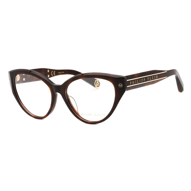 Philipp Plein Eyeglasses Cat Eye Full Rim, Shiny Dark Havana Frame and Clear Demo Lenses Lens VPP052M0752