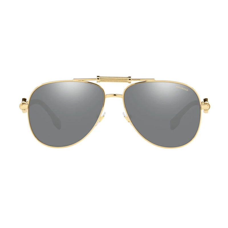 Versace Sunglasses Aviator Full Rim, Gold Frame and Polarized Grey Mirror Silver Lens VE22361002Z3