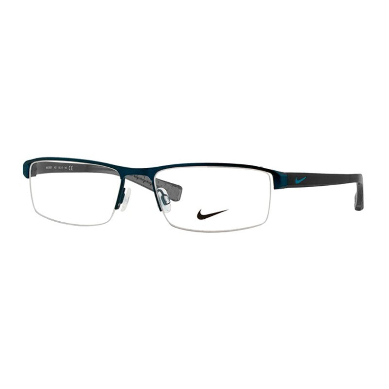 Nike Eyeglasses Rectangle Semi Rim, Satin Blue-Midnight Navy Frame and Clear Demo Lenses Lens NIKE8097400