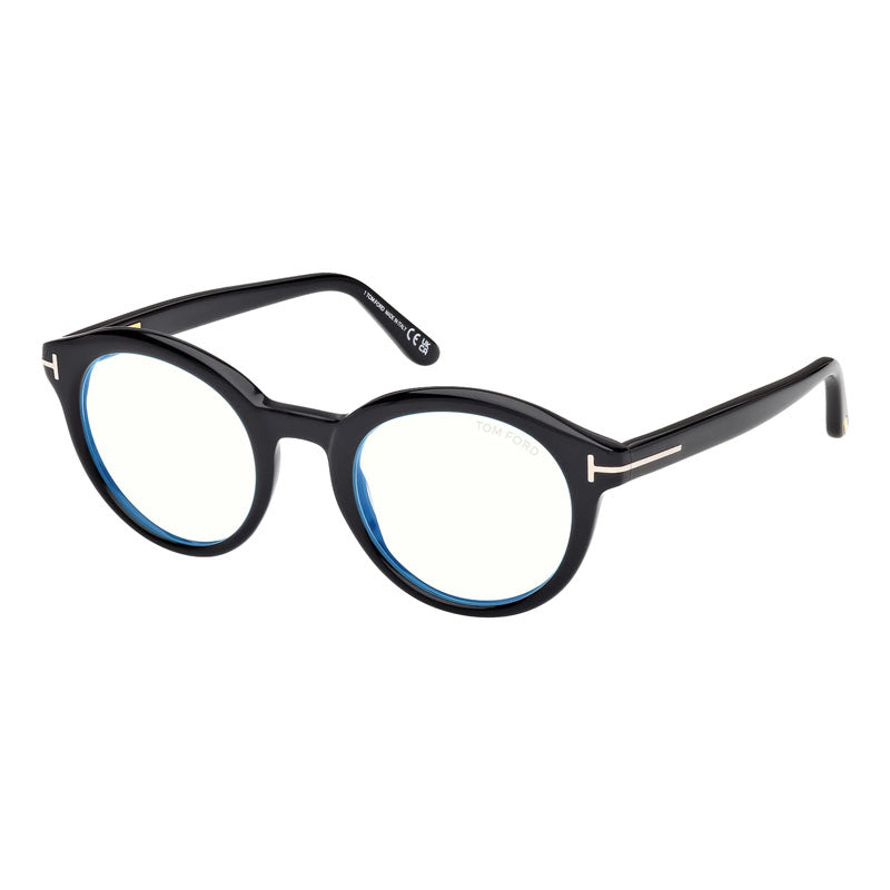 Tom Ford Eyeglasses Round Full Rim, Shiny Black Frame and Clear/Blue-Light Block Lenses Lens FT6061-B001