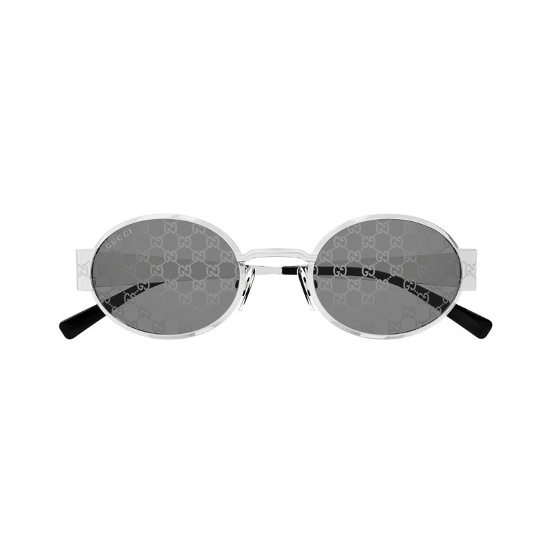 Gucci Sunglasses Oval Full Rim, Shiny Silver with GG Pathern Frame and Grey with GG Pattern Mirror Lens GG1854S002