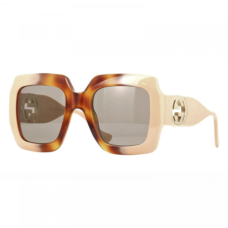 Gucci Sunglasses Square Full Rim, Shiny Havana Gradient Ivory Frame and Brown with Gold Chain Lens GG1022S003