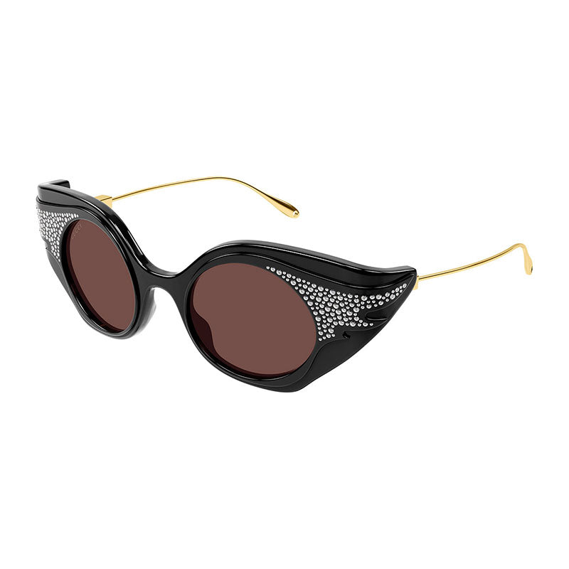 Gucci Sunglasses Geometric Full Rim, Shiny Black with Crystal Strass/Gold Frame and Brown Lens GG1327S001