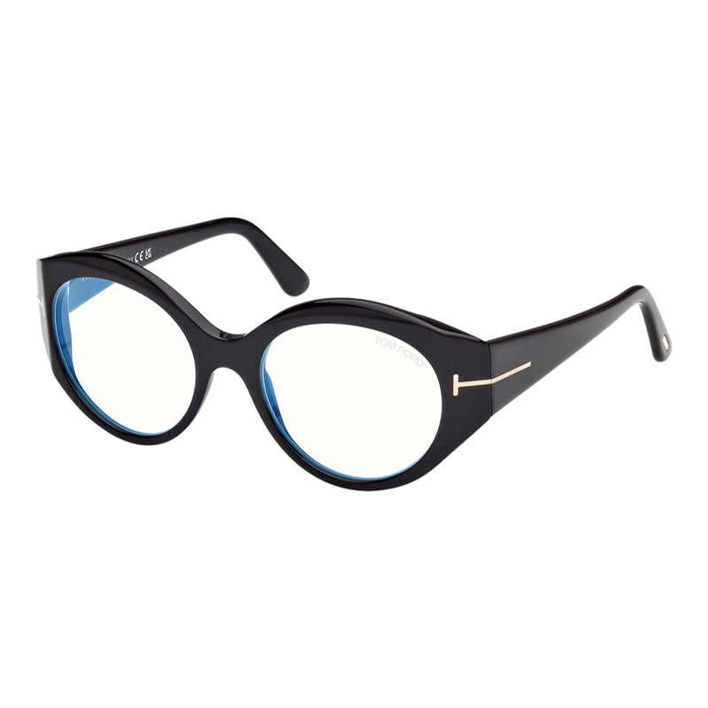Tom Ford Eyeglasses Round Full Rim, Shiny Black Frame and Clear/Blue-Light Block Lenses Lens FT5950-B001