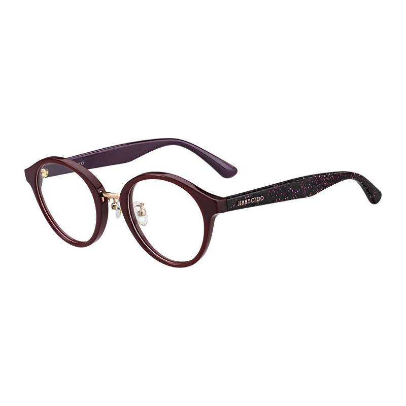 Jimmy Choo Eyeglasses Round Full Rim, Burgundy with Glitter Frame and Clear Demo Lens Lens JC197/F0MXW00